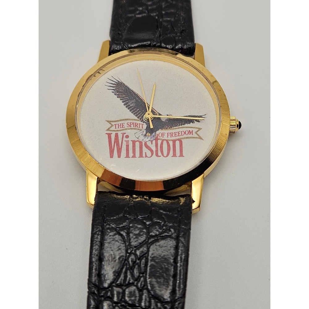 Vintage Winston The Spirit of Freedom Eagle Watch Gold Tone Black Leather Strap